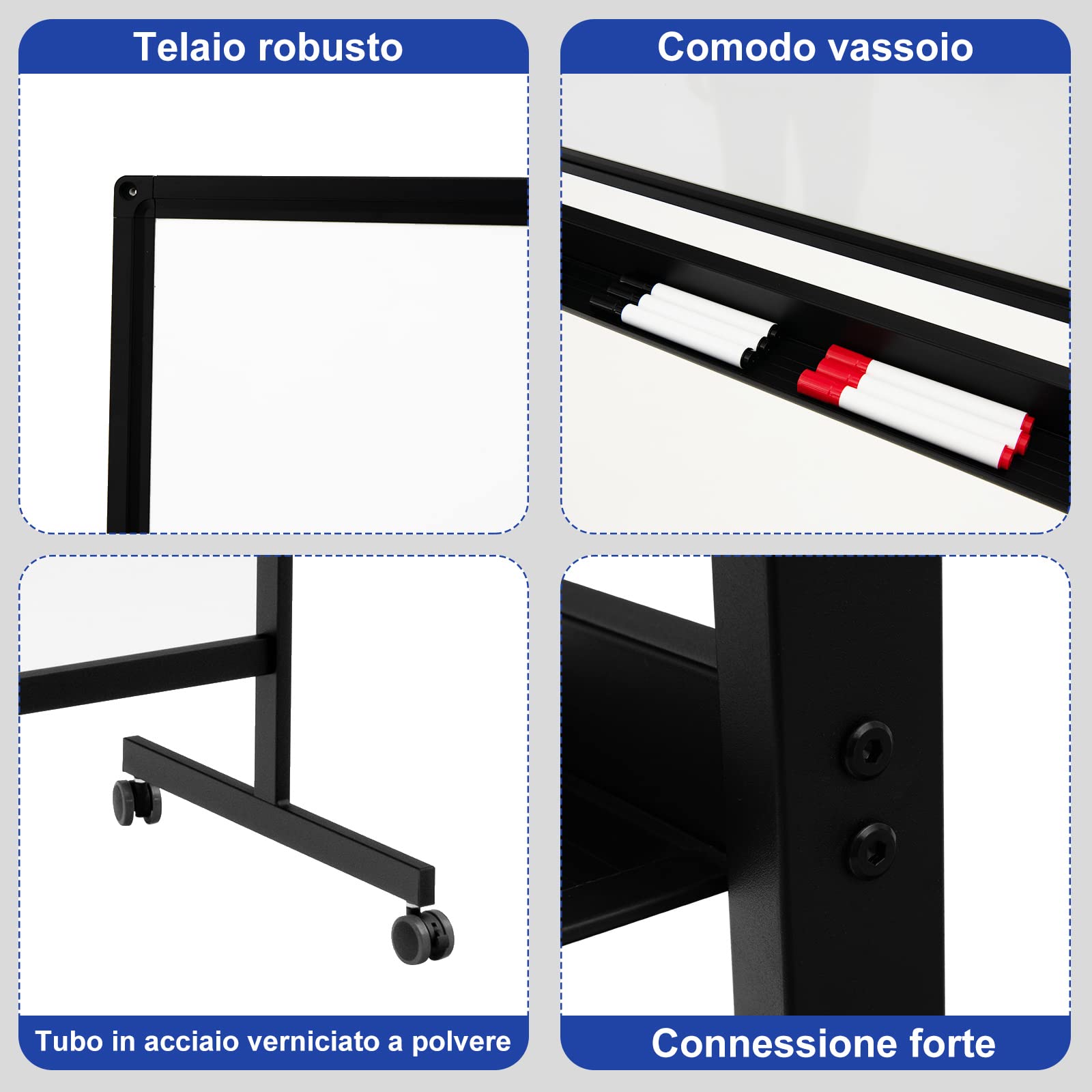COSTWAY Lavagna Bianca Magnetica Doppia, Design Regolabile in Altezza con Ruote Bloccabili, 6 Pennarelli, 12 Calamite e 1 Cancellino, Ideale per Casa Ufficio e Scuola, 126 x 59 x 145/165 cm (Nero)