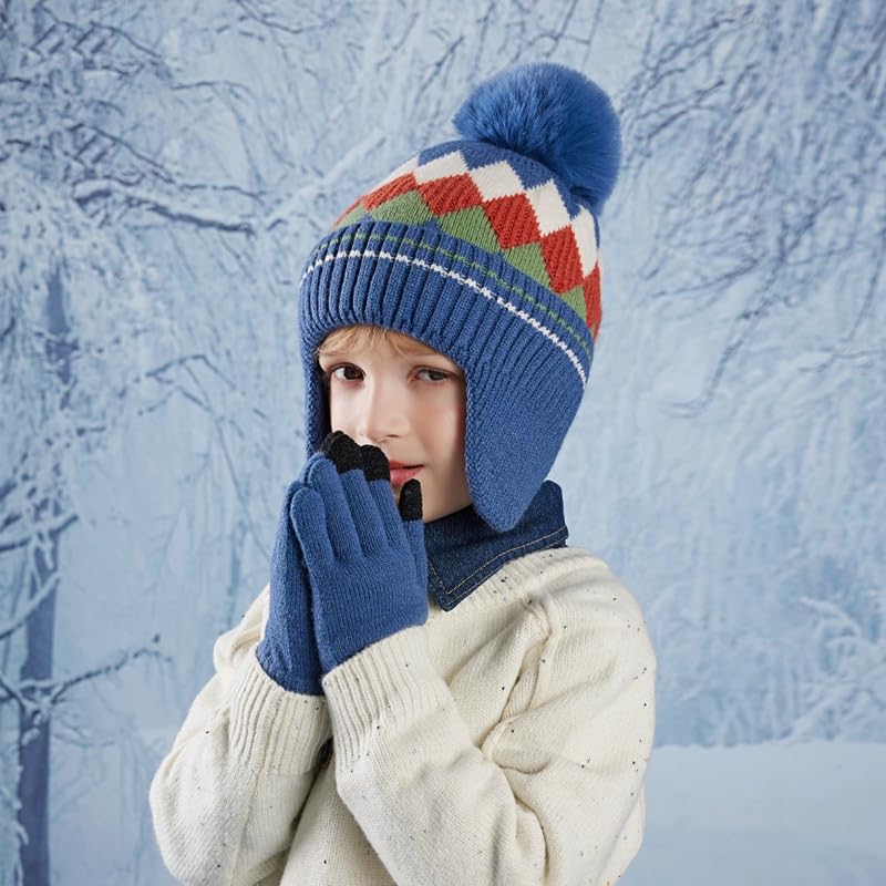 Kid's 2 Pieces Hat Gloves Coloured Knitted Diamond-Shaped Dented Wool Touchscreen Winter Warm for Boys(Blue,M)