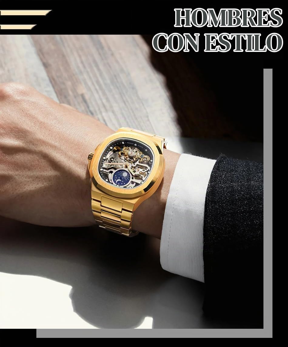 FORSINING Reloj analógico de esqueleto automático de lujo para hombre con correa de acero inoxidable