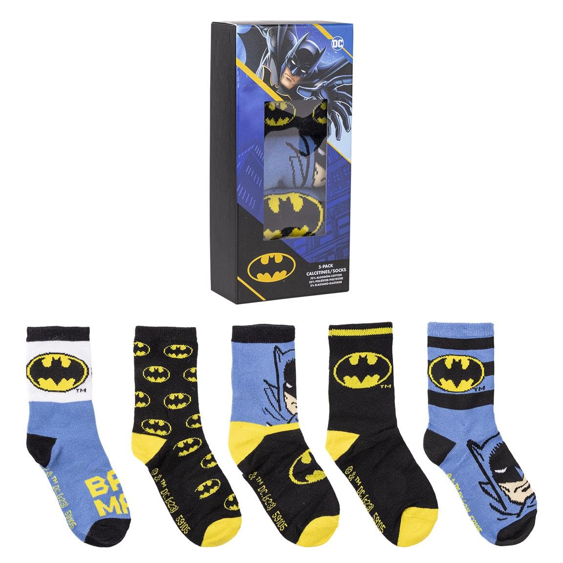 Batman Pack Calcetines Colores Azul, Negro y Amarillo - 5 Pares - Talla 23 a 26 - Calcetines Largos Fabricados con Algodón, Poliéster y Elastano - Producto Original Diseñado en España