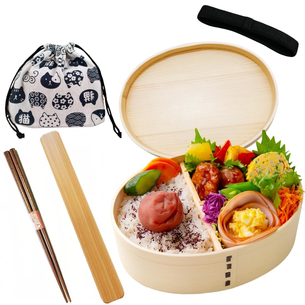 Centcres (Maneki Cat Pattern Drawstring Bag) 1. Magewappa, Plain Wood (Japanese Cedar), 2. Chopsticks, 3. Drawstring Bag, 4. Care Guide Complete Bento Box Set, Antibacterial, Wappa, Moisture-retaining