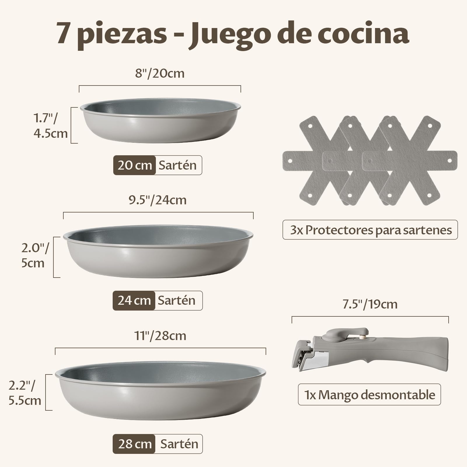 BLAZANT Juego de Sartenes de Cerámica 7 Piezas con Mango Extraíble | Sartenes 20/24/28 cm para Cocinas Pequeñas, Camping y Caravana | Apilables, Inducción, Horno hasta 240°C, Sin PFAS