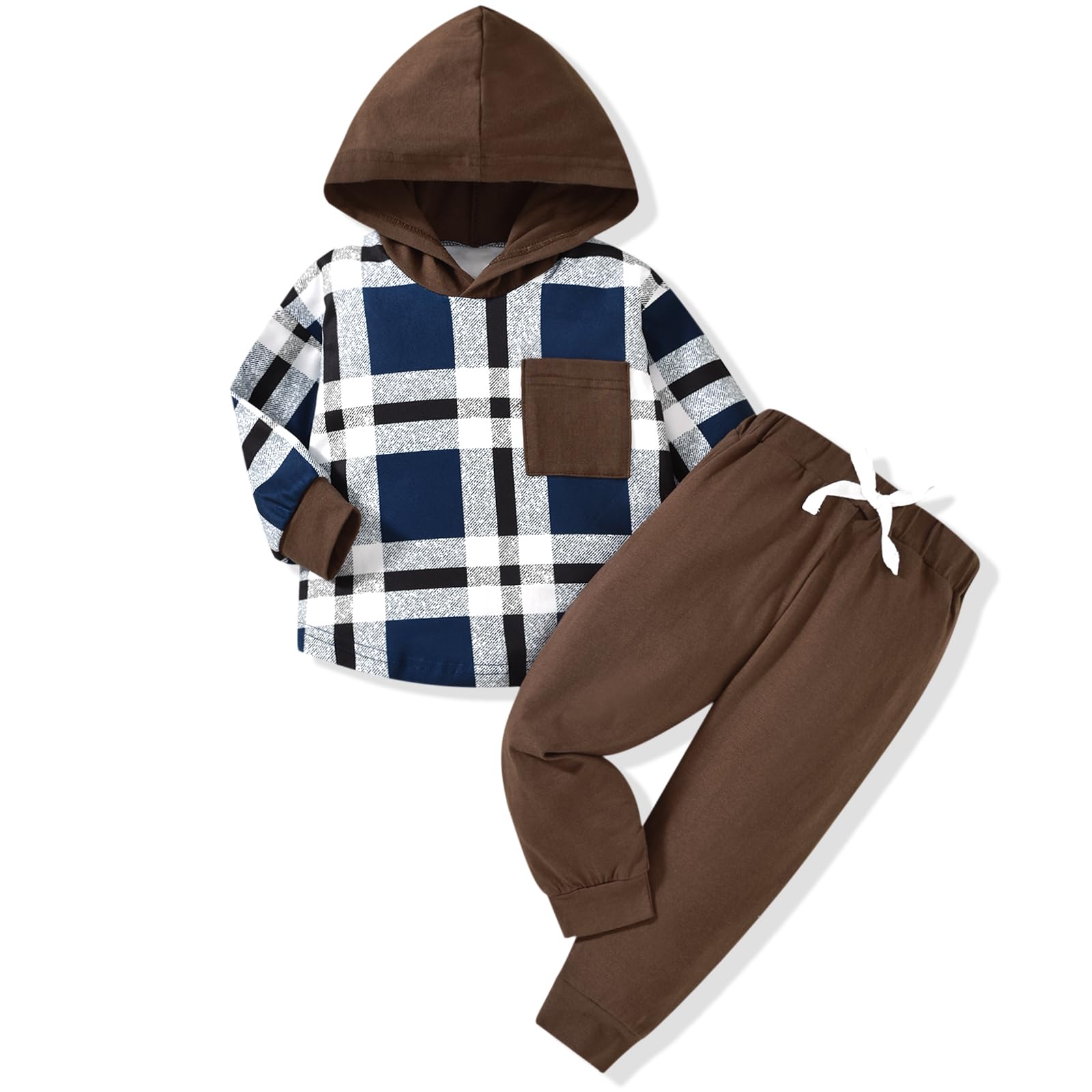 HINTINA Toddler Little Boy Plaid Sweatsuit Outfits Long Sleeve Hooded Sweatshirt Hoodie Fall Winter Clothes Clothing Set