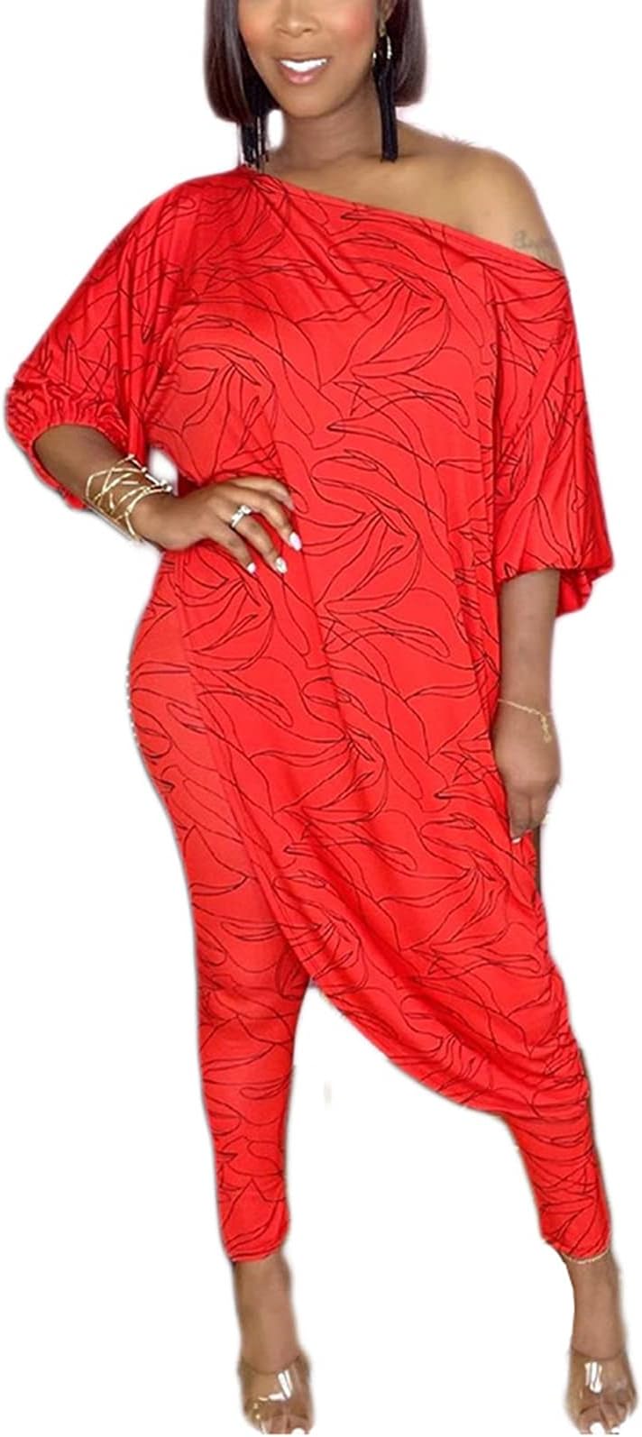 imbpceu Women's Casual 2 Piece Outfits Solid Off Shoulder 3/4 Sleeve Irregular Hem Tops Bodycon Pants Set