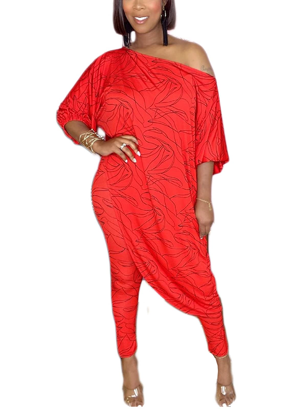 imbpceu Women's Casual 2 Piece Outfits Solid Off Shoulder 3/4 Sleeve Irregular Hem Tops Bodycon Pants Set