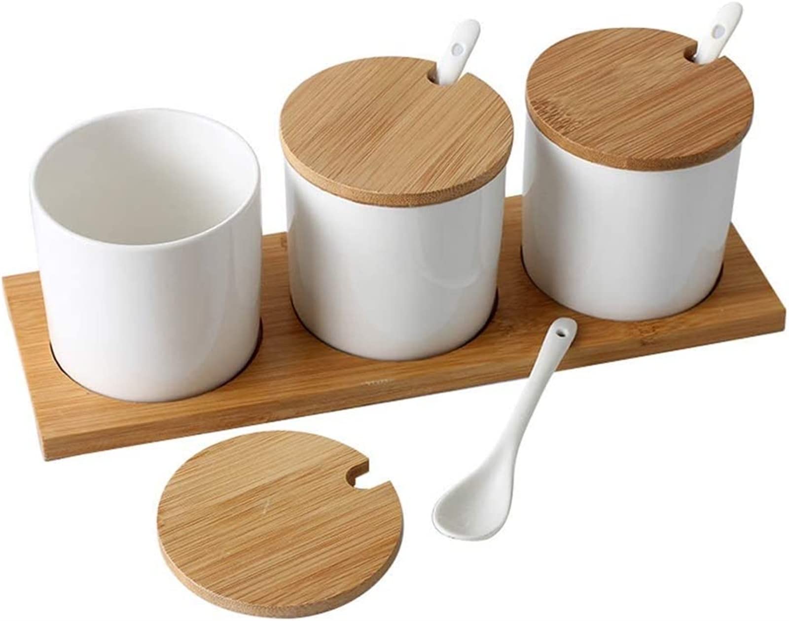TBLOTYD Ceramic Seasoning Jar With Bamboo And Wood Combination Kitchen Seasoning Bottle Set Seasoning Box Restaurant Seasoning Box Sugar Salt Jar