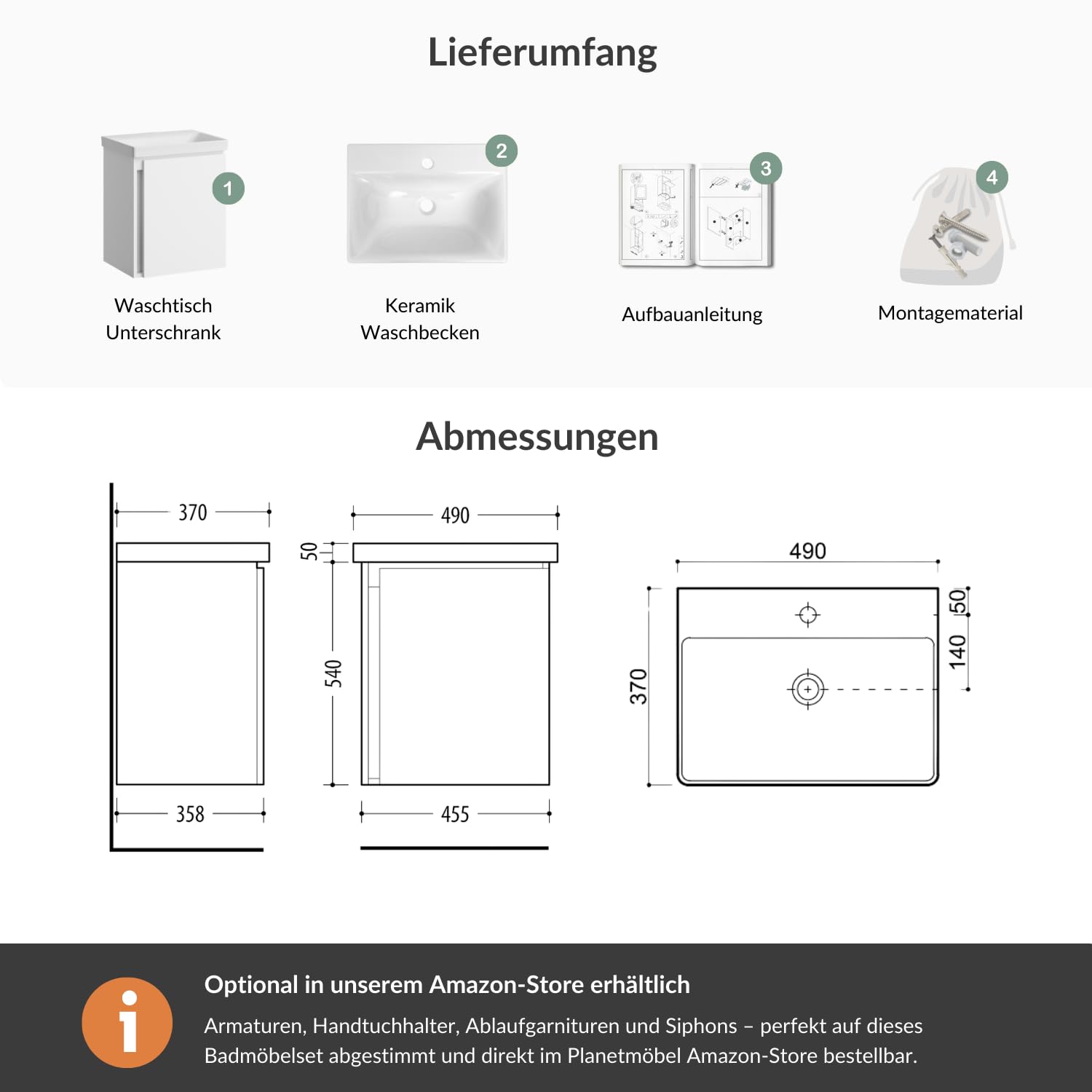 Planetmöbel Waschtisch mit Unterschrank 50 cm, weiß | Waschbeckenunterschrank hängend, Soft-Close, Badmöbel Set mit Waschbecken