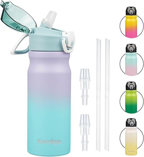 Miniatura 1 de Botella de agua aislada con popote y lazo de transporte, termo de agua de doble pared de acero inoxidable de 18 onzas con tapa a prueba de fugas,