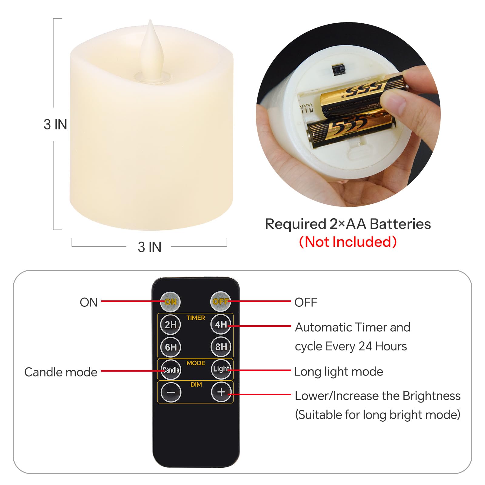Set Of 2 Flameless Flickering Candles With Remote - 3x3 Inch Real Wax LED Candles With Timer Function, 600+ Hour Battery Life