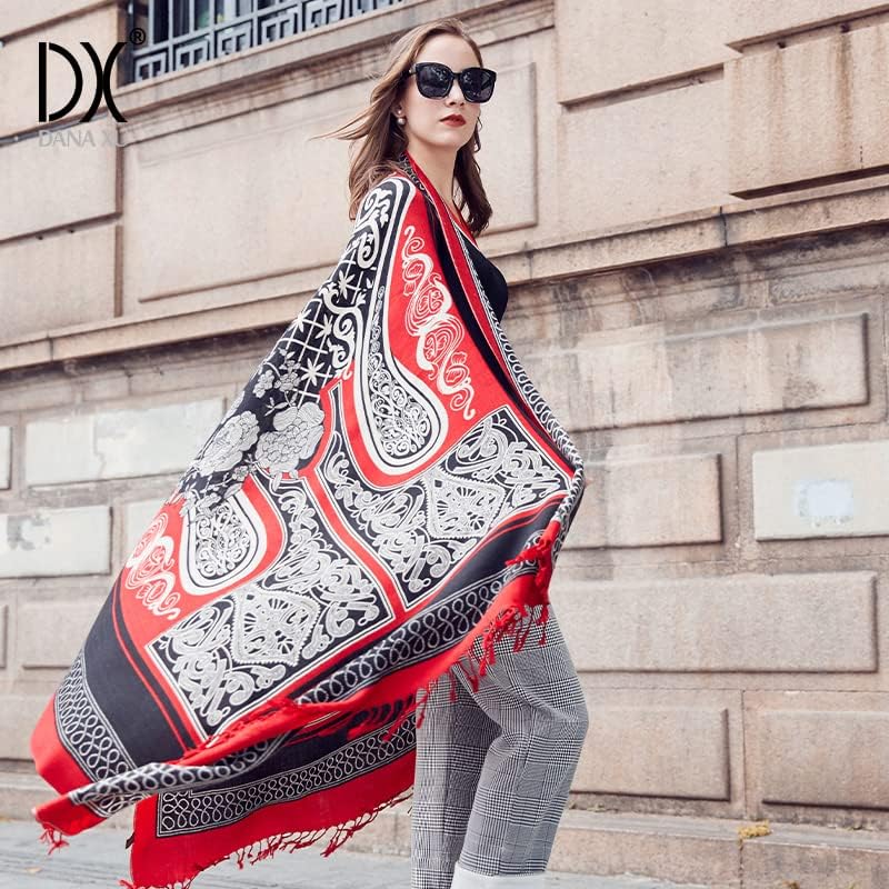 DANA XU 100% Merino Wool Pashmina Shawl for Women 96"x43", Oversized Cashmere Wrap with Tassels, Floral Travel Blanket Cape - Image 4