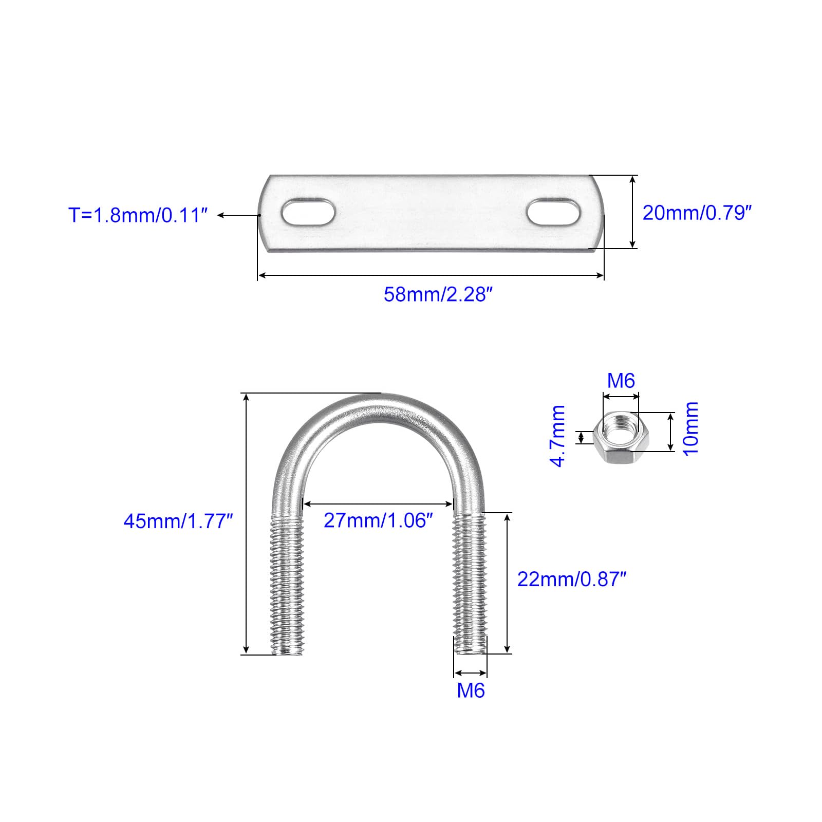 MACHSWON Round U-Bolt,3 Set 304 Stainless Steel M6 U Bolts 27mm(1.06") Inner Width 45mm Length with Nuts and Frame Plate for Automobiles Boat Trailer - Image 2