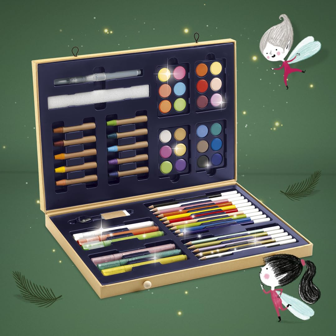DJECO Coffret Les Couleurs des Grands - Dès 6 Ans - Kit Valise avec Peinture, Feutres, Crayons, Pastels, Stylos & Accessoires - Couleurs Scintillantes - Coloriage & Peinture - Qualité Made in France