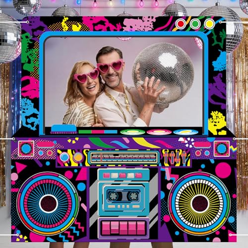 59x59 Inch Neon Boombox Photo Booth Props Frame, Radio Selfie Backdrop Hanging Banner for 80s 90s...