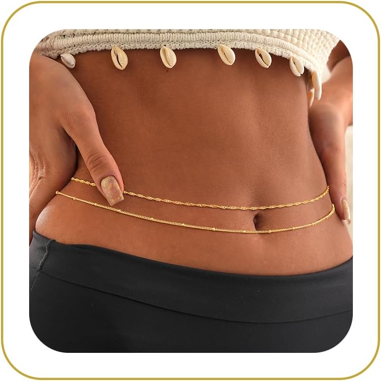 Tewiky Waist Chain for Women, 14K Gold/Silver Plated Layered Belly Belt Chains Beach Waist Beads Chain Waterproof Twist Figaro Cuban Body Chain Summer Jewelry for Women Gifts