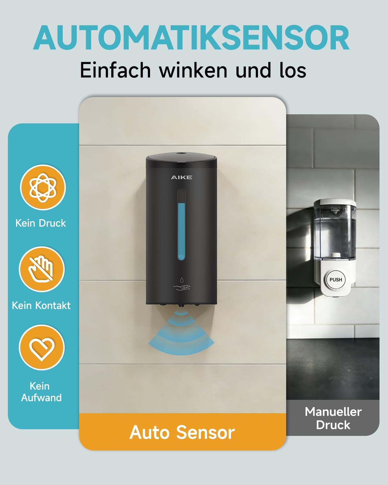 AIKE Klassischer Automatischer Seifenspender,Edelstahl Optik, AK1205E | 740 Ml Großes Fassungsvermögen, Fünf Stufen Einstellbar, Wasserdichter Seifenspender, Geeignet Für Den Gewerblichen Gebrauch