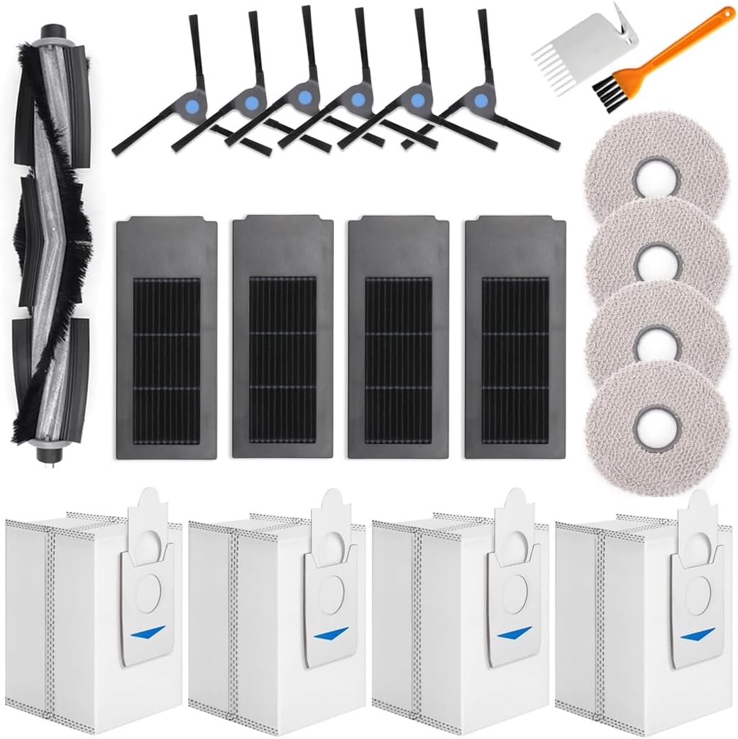 21Pcs Accessories Set for Ecovacs Deebot X2 / X2 Pro / X2 Omni Robot Vacuum Cleaner Replaccement Parts, 1 Roller Main + 6 Side Brush +4 Hepa Filter +4 Mop Cloth +4 Dust Bag +2 Tools