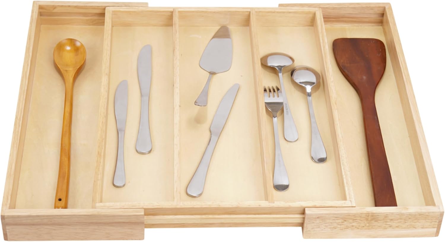 Utensil Drawer Organizer, 5 Compartment Expandable Rubberwood Silverware Tray, Cutlery Drawer Organizer for Kitchen Organization, Wooden Holder for Adjustable Storage