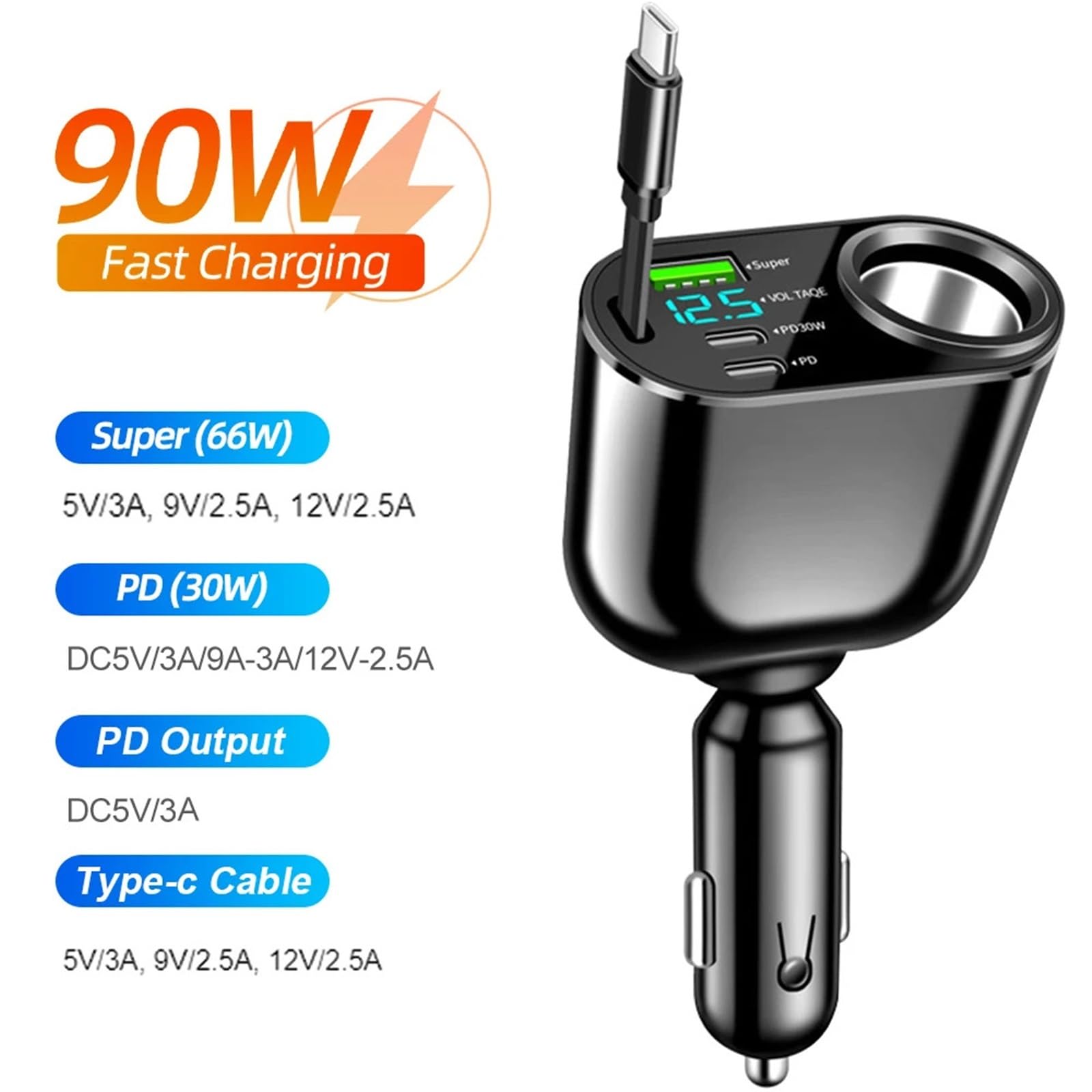 caricabatterie auto, Cavo telescopico di ricarica flash da 120/90/66 W(90W)