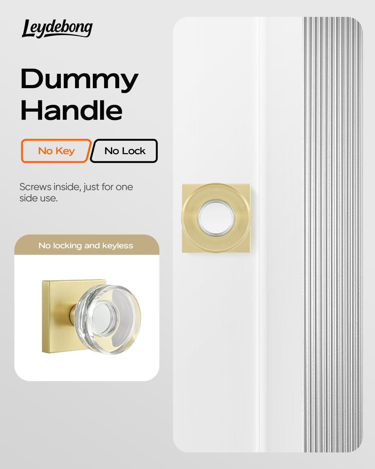 Leydebong 2 Pack Crystal Glass Dummy Door Knobs, Gold Round Crystal Dummy Door Knob for Interior Closet, Only Pull Single Side Use Knobs in Satin Brass Finish