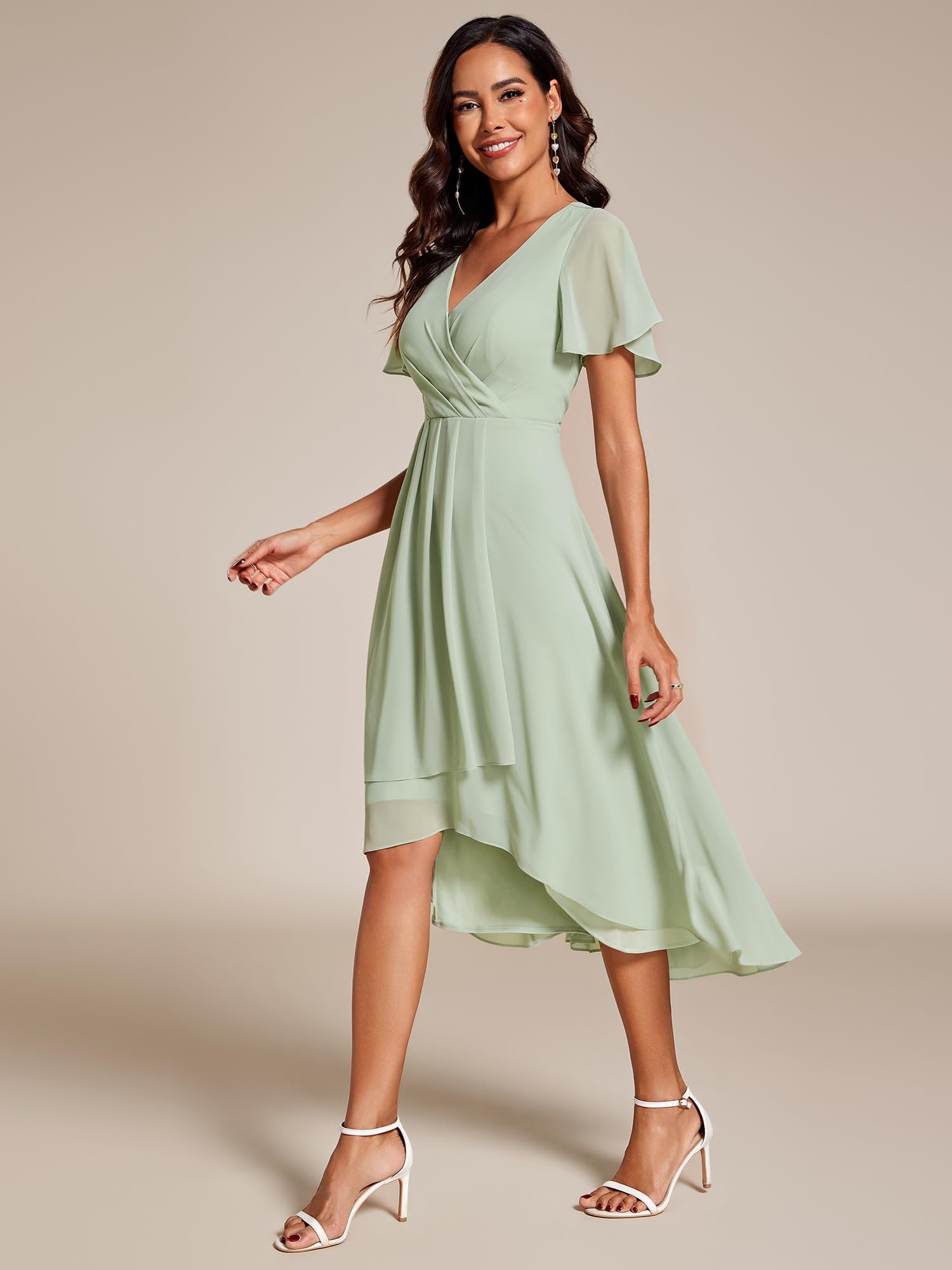 Ever-Pretty Damen Sommer Chiffon Plissee V-Ausschnitt Kurz Hochzeit Gäste Kleid mit Rüschen Ärmel 01923