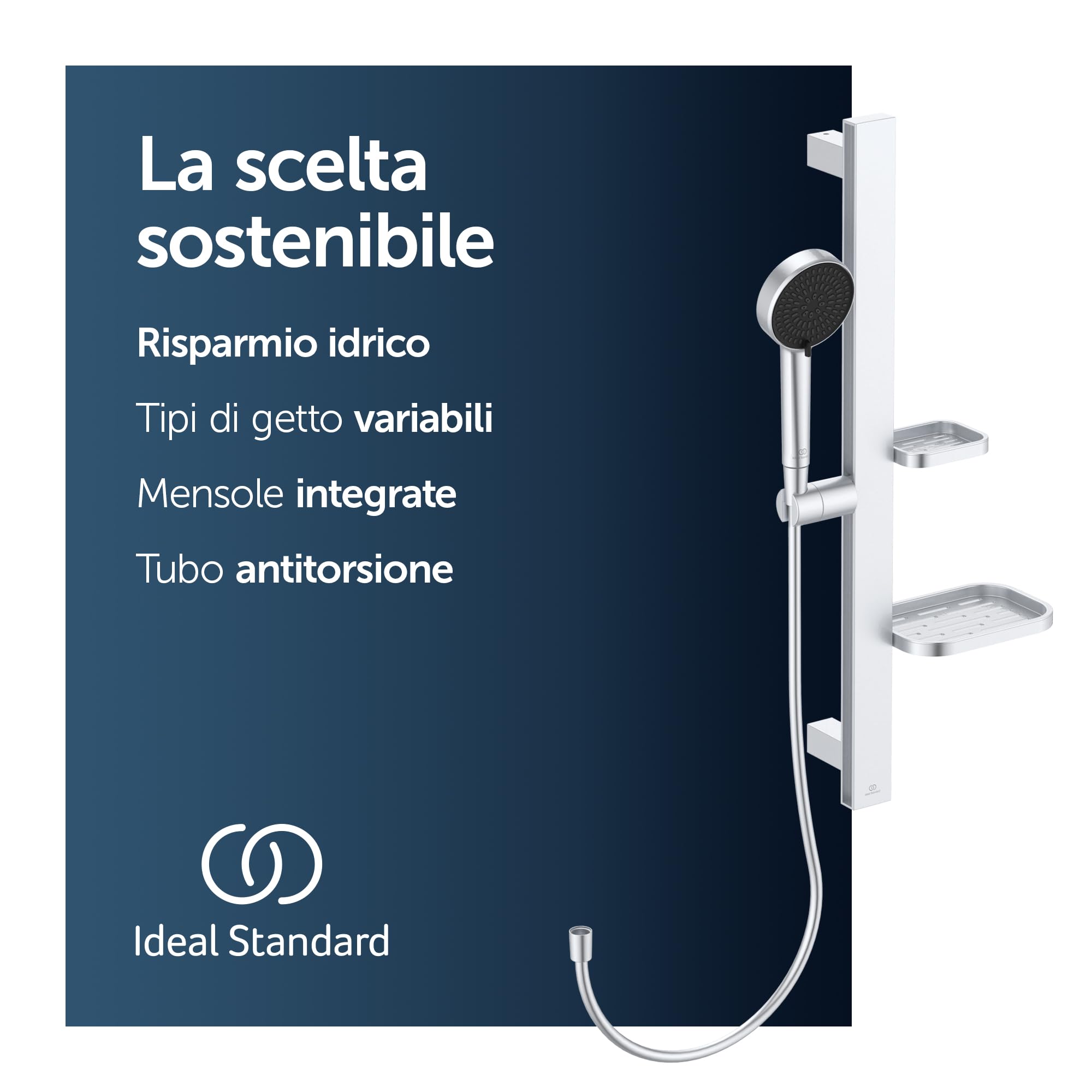 Ideal Standard Idealrain Alu+ Asta doccia, Soffione doccia a risparmio idrico con due tipi di getto (SilkRain e Rain) e ripiani regolabili – Argento (349x157x600 mm)