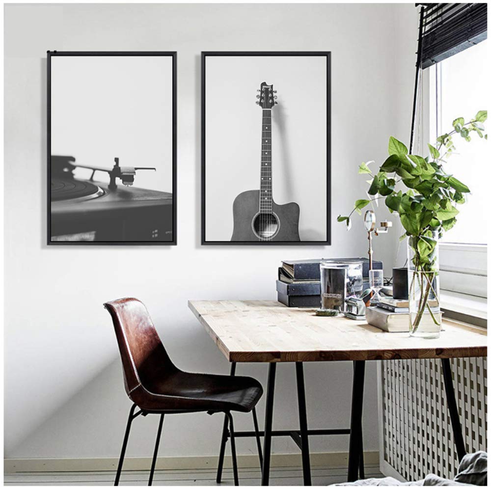 Impresiones de guitarra retro y carteles de lona Placa giratoria antigua de vinilo Lámina de pared Pintura decorativa Imagen para sala de estar 60x80cm (23.6 "x 31.5") x2 Con marco
