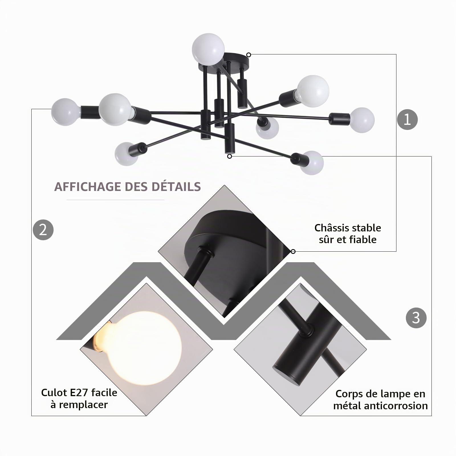 Moderne Noir Lustre Plafonnier 8 Lumières Style Industriel | Luminaire Plafond Design Sputnik pour Salon, Chambre, Salle à Manger, Cuisine, 87 cm