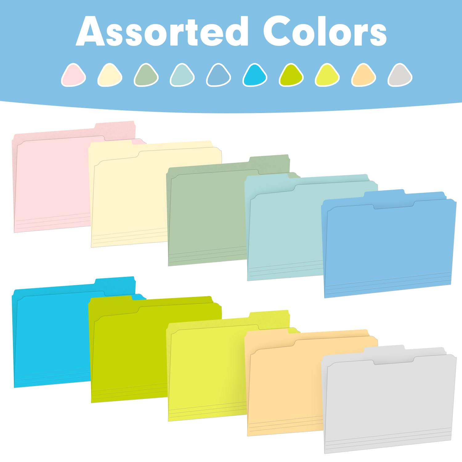 RAZCC - Carpeta de archivos, paquete de 250 carpetas de archivos de colores, tamaño carta, tamaño carta, carpetas de archivo con pestañas para oficina, escuela, negocios, 10 colores surtidos