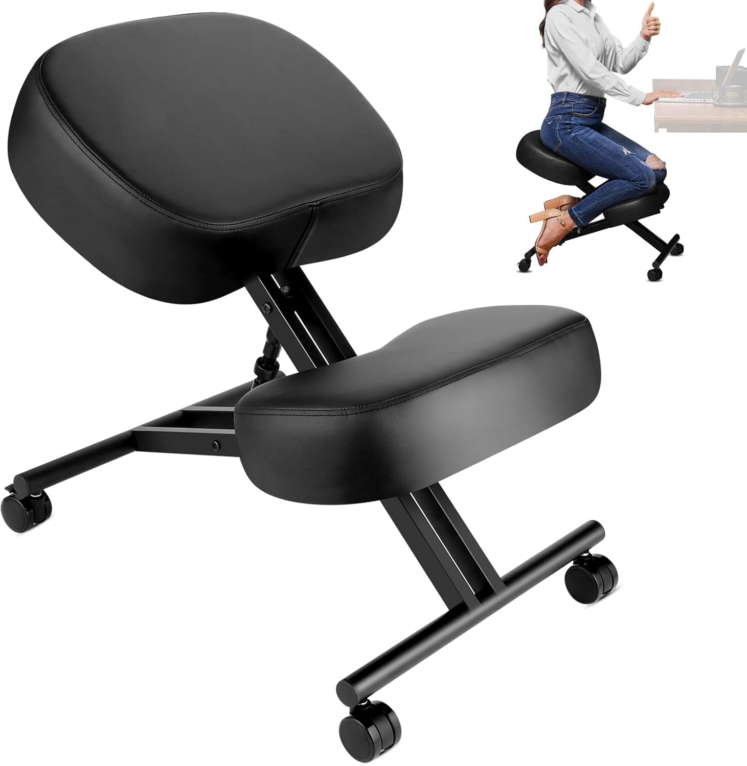 Kneeling Chair Ergonomic for Office, Height Adjustable Stool for Home and Office - Improve Your Posture with an Angled Seat - Thick Moulded Foam Cushions - Brake and Smooth Gliding Casters