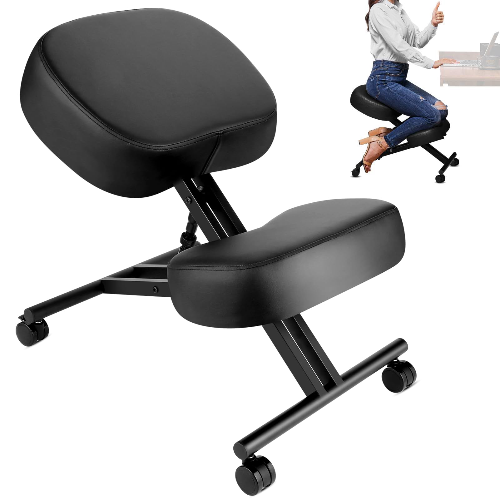 Ergonomic Kneeling Chair, Meditation Chair with Height Adjustable and Cushion for Home and Office, Posture Office Stool with an Angled Seat and Casters