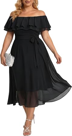 Talisea Plus Size Dresses Wedding Guest - Formal Ruffle Off The Shoulder Cocktail Chiffon A-Line Midi Dress Curvy Women