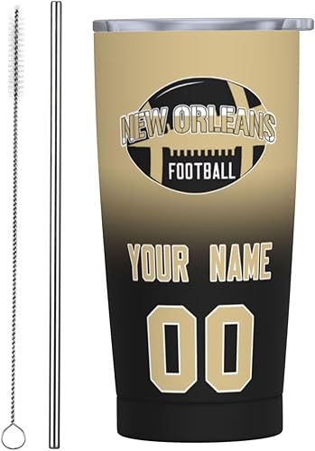 New Orleans - Vaso de fútbol personalizado con nombrenúmero, vaso clásico de acero inoxidable con tapa y pajilla, regalos personalizados para