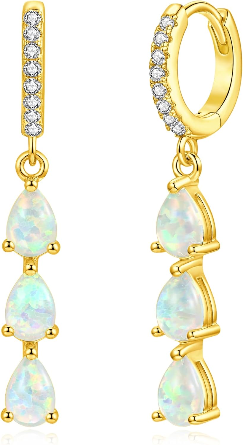 CiNily Opal Hoop Earrings for Women Teen, Dainty Dangle Earrings 14k Gold/Silver Plated Small CZ Diamond Dangle Drop Ear Rings for Women Trendy Hypoallergenic Lightweight Wedding Birthday Jewelry