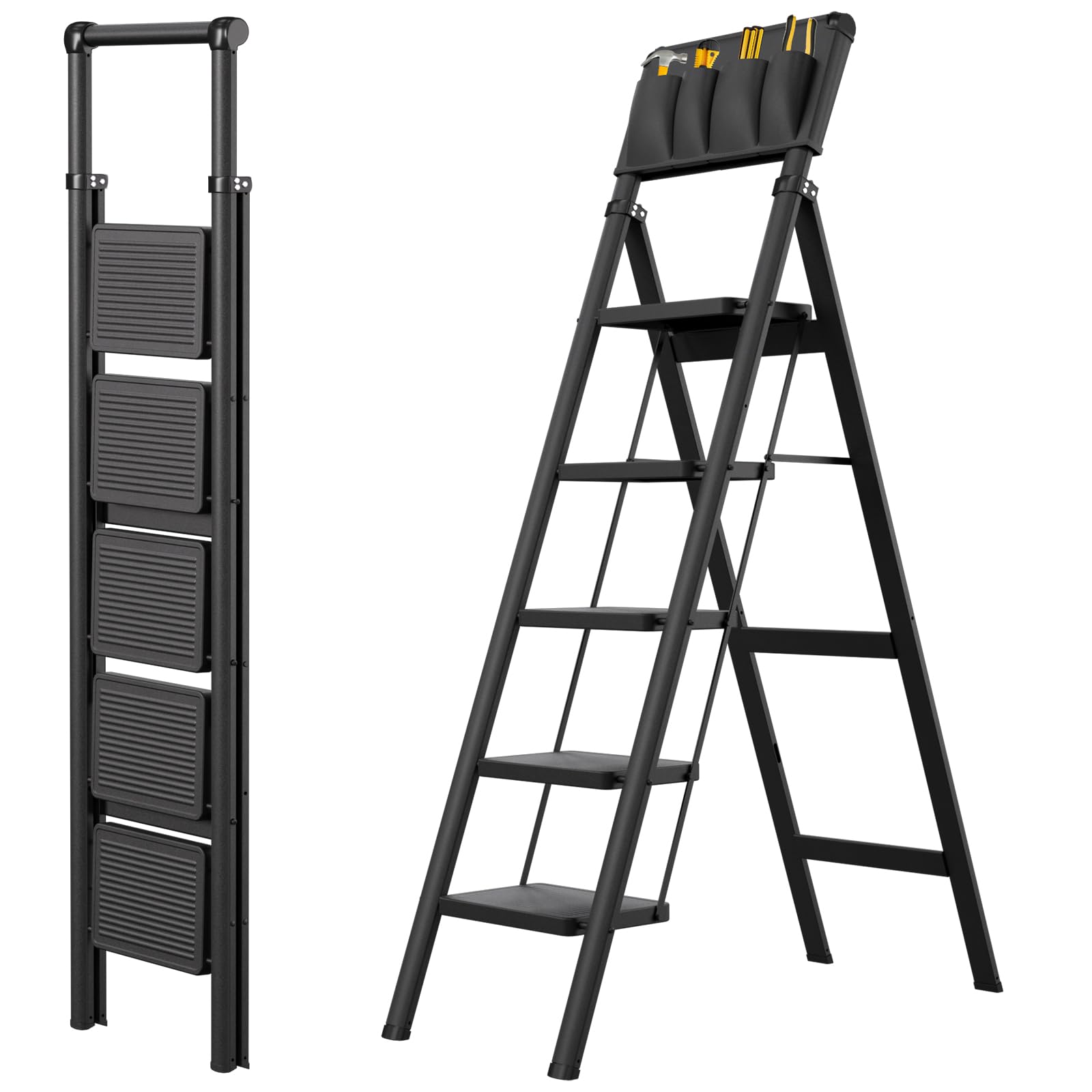 Photo 1 of 5 Step Ladder Step Ladder Folding Step Stool 5 Step Stool with Tool Bag Wide Anti-Slip Pedal, Lightweight, Portable Folding Step Ladder with Handgrip, Multi-use Steel Ladder for Household and Office Matte Black 5-Step