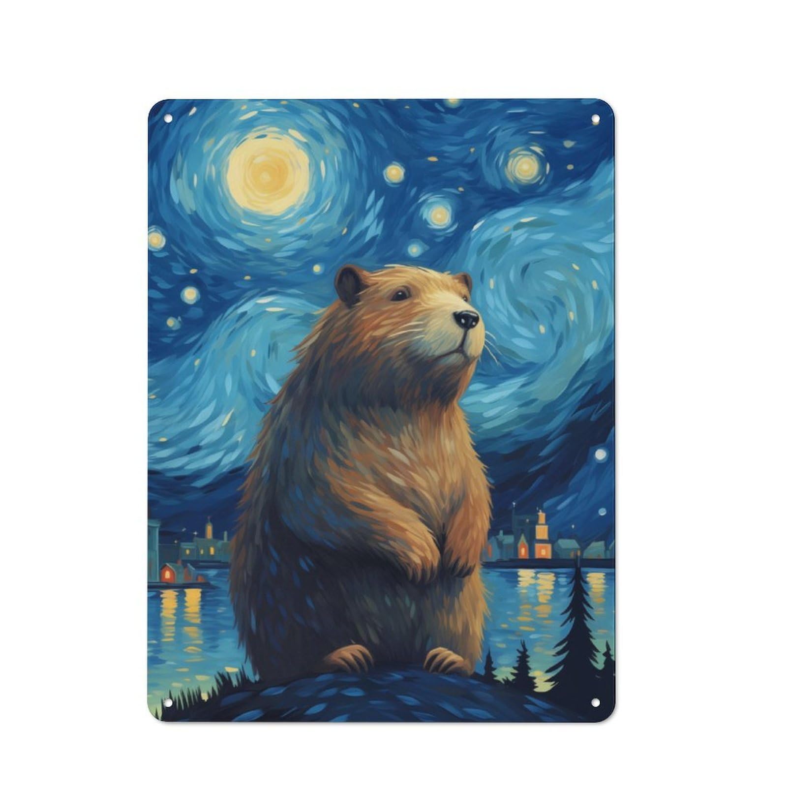 Starry Night Capybara Retro-style Metal Plaque 40x30cm for Café Or Home Bar, Suited to Café-style Decor Fans