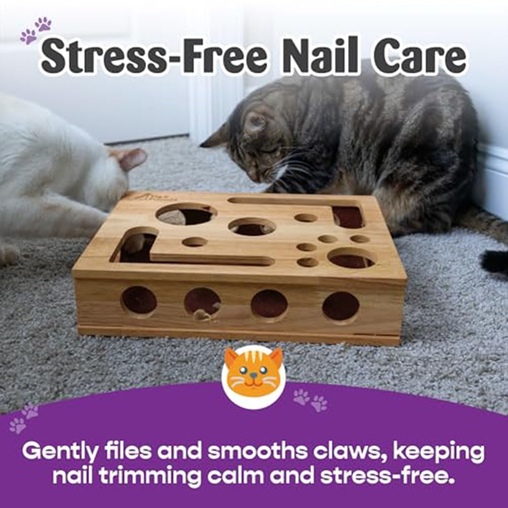 Caja de enriquecimiento de lima de uñas para gatos, juguete de madera para rascar con papel de lija para gatos de interior