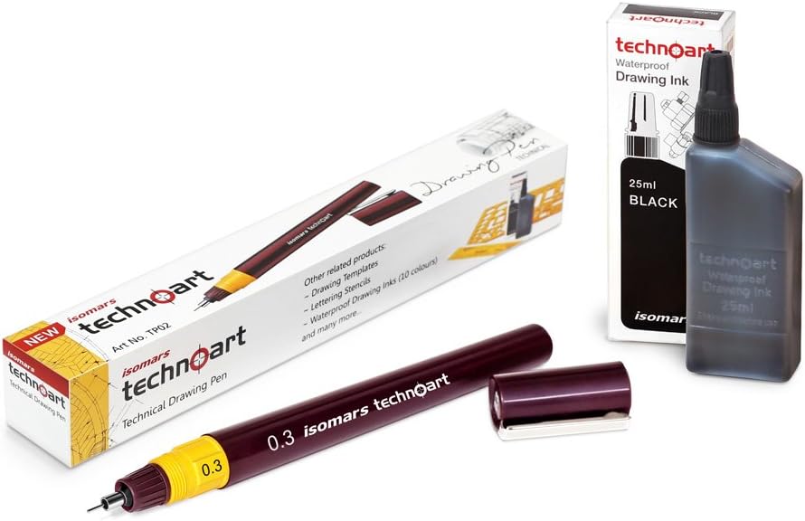 Isomars Fineliner Technical Drawing Pen 0.3&Ink Combo Set,Black