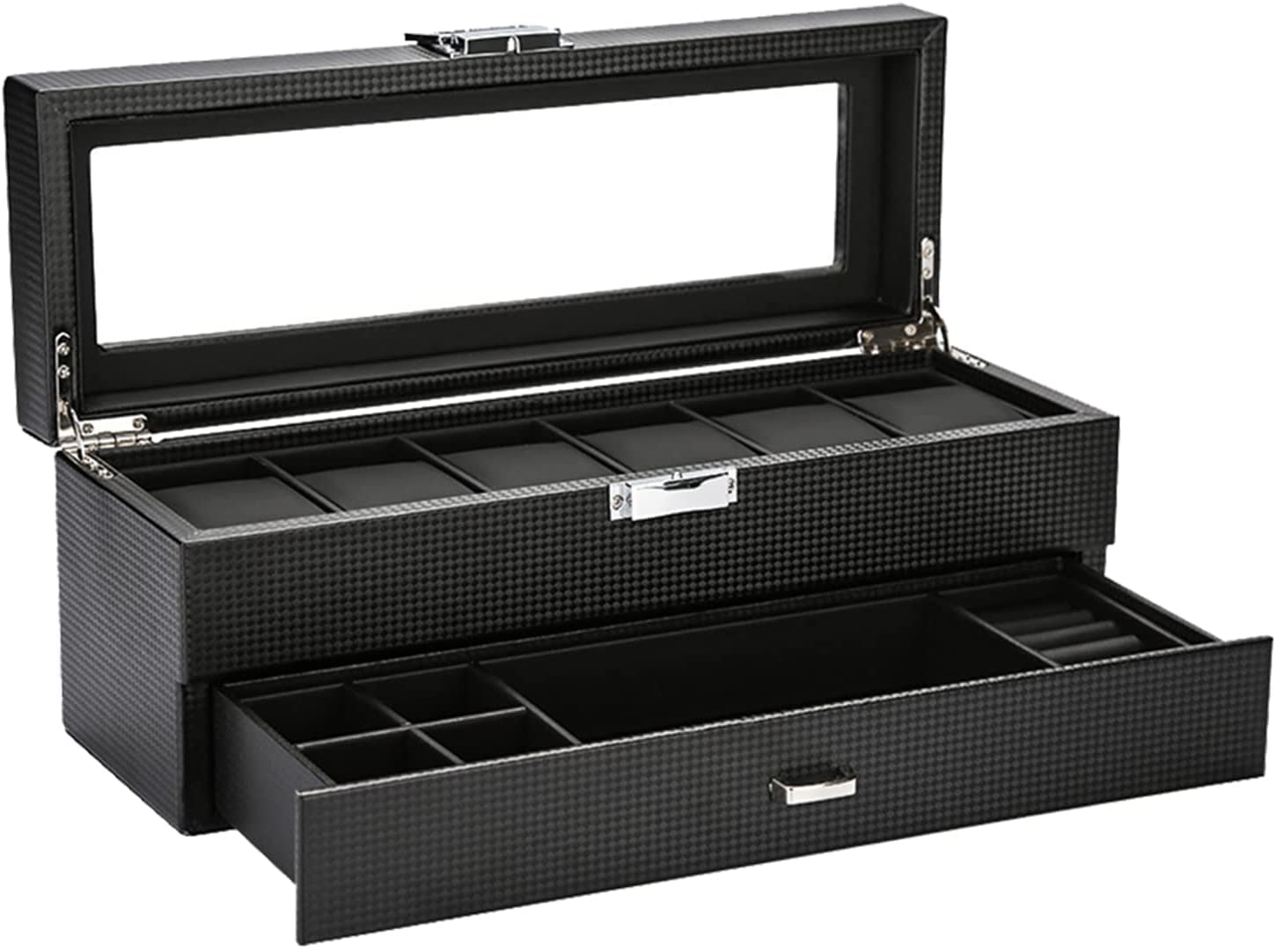 Uhren-Schmuck-Display-Box, doppellagige Kohlefaser-Schublade, Armbänder, Uhrenbox, Vitrine, Organizer mit transparenter Oberseite, Schmuckaufbewahrung, Vitrine für Quarzuhren, Schwarz