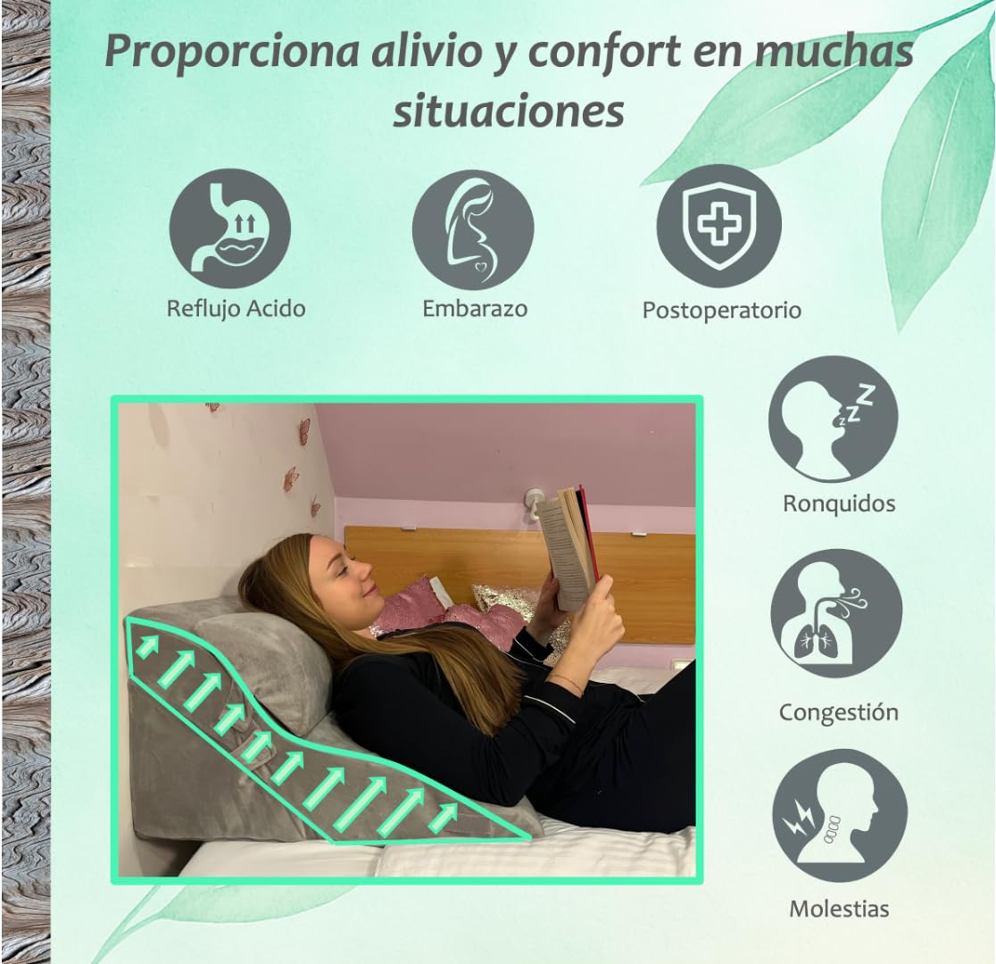 Cojín Respaldo Cama y Sofa de 3 Piezas – Multiposición- Certificada OEKO Tex y CertiPUR- Cojin Lectura Cama, Cuña Antireflujo Adulto, Wedge Pillow, Cojin de Lectura, Almohada Cuña– Funda Lavable.