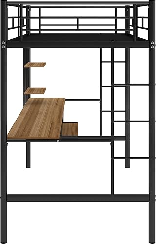 Miniatura 7 de Cama tipo loft de tamaño individual, cama alta con escritorio y estantes de almacenamiento, cama alta de metal tamaño individual con escritorio, no