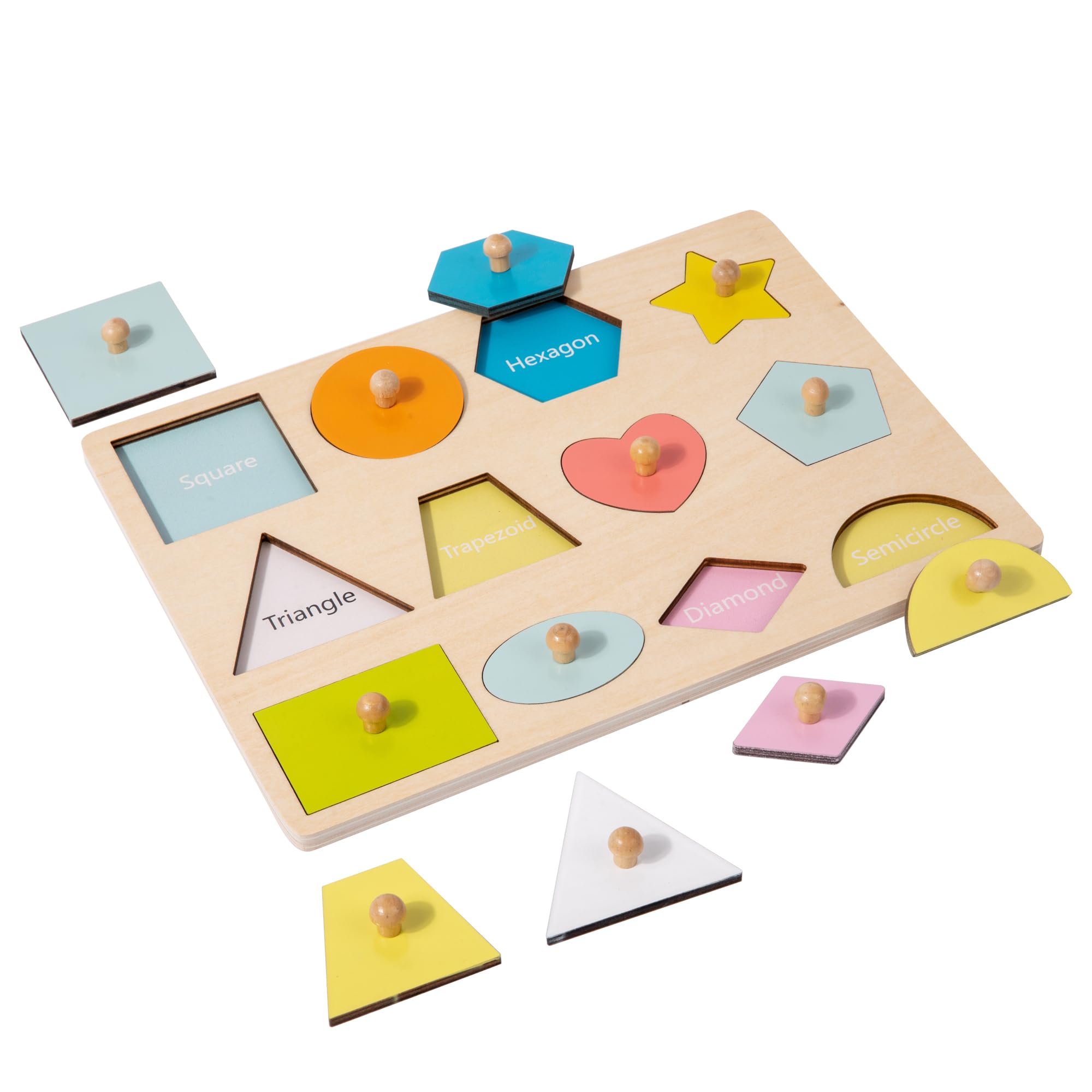 Montessori Toy for Babies 12-18 Months Wooden Shape Puzzles for Toddlers 1-3,Shape Peg Puzzles,Baby Puzzle 12-18-24 Months with Knob,Color &amp; Shape Sorter for Toddlers(12 Geometric Shapes)
