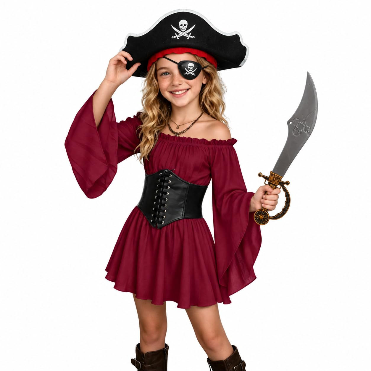 Kids Pirate Costume for Girls, White Off Shoulder Dress with Black Corset, Pirate Hat Eye Patch Set 5pcs, Halloween Carnival Cosplay Outfit