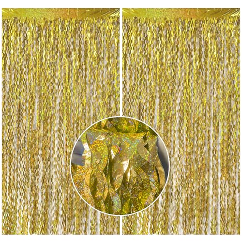 2 Pack Gold Fringe Curtain Backdrop Tinsel Streamers Birthday Party Decorations Photo Booth Backdrop Halloween New Year Graduation Theme Party Decorations