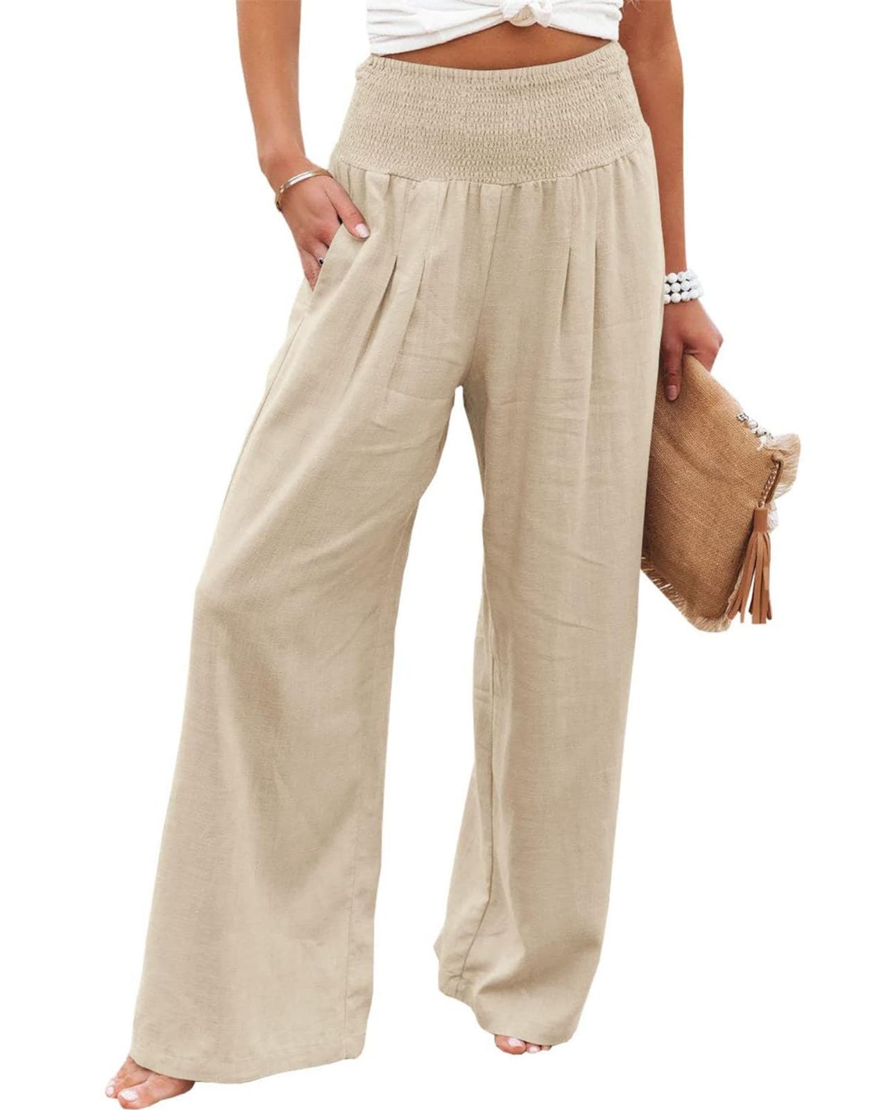 GLIENST Womens Linen Wide Leg Palazzo Pants High Waisted Smocked Lounge Trousers with Pockets S-2XL