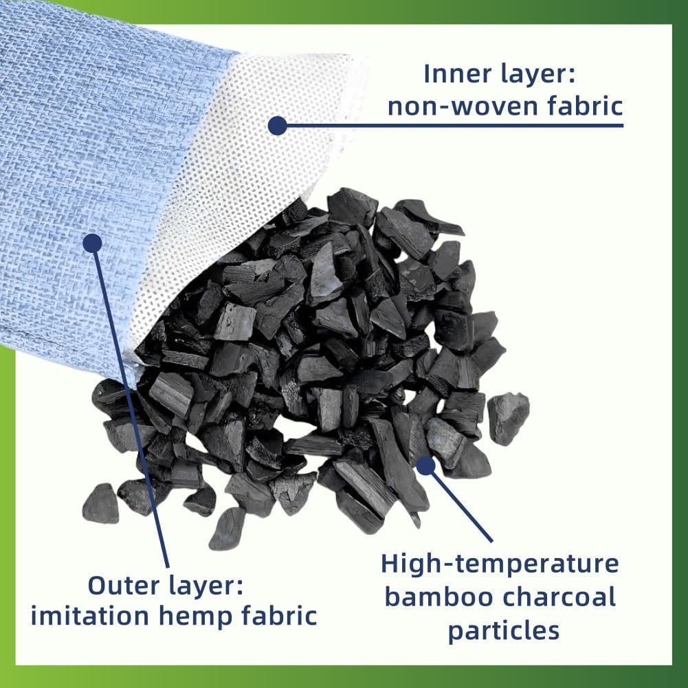 Paquete de 4 Bolsas de Carbón Activado de Bambú (75g cada una)|Purificador de Aire Natural, Absorbente de Olores y Humedad|Desodorante Reutilizable para Zapatos, Armario,Coche,Cocina,Nevera y Hogar