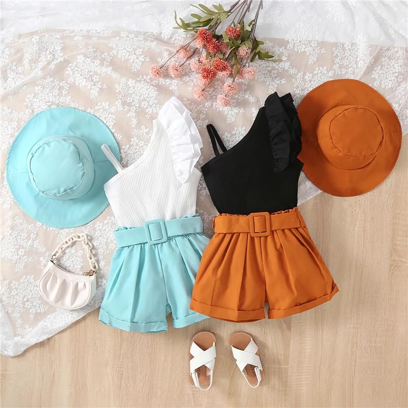 Image of Bold N Elegant Girls Uptown One Shoulder Top and Shorts with Belt and Hat Trendy 4 Piece Coords Set for 3 to 7 Year Girls Party Dress Outfit