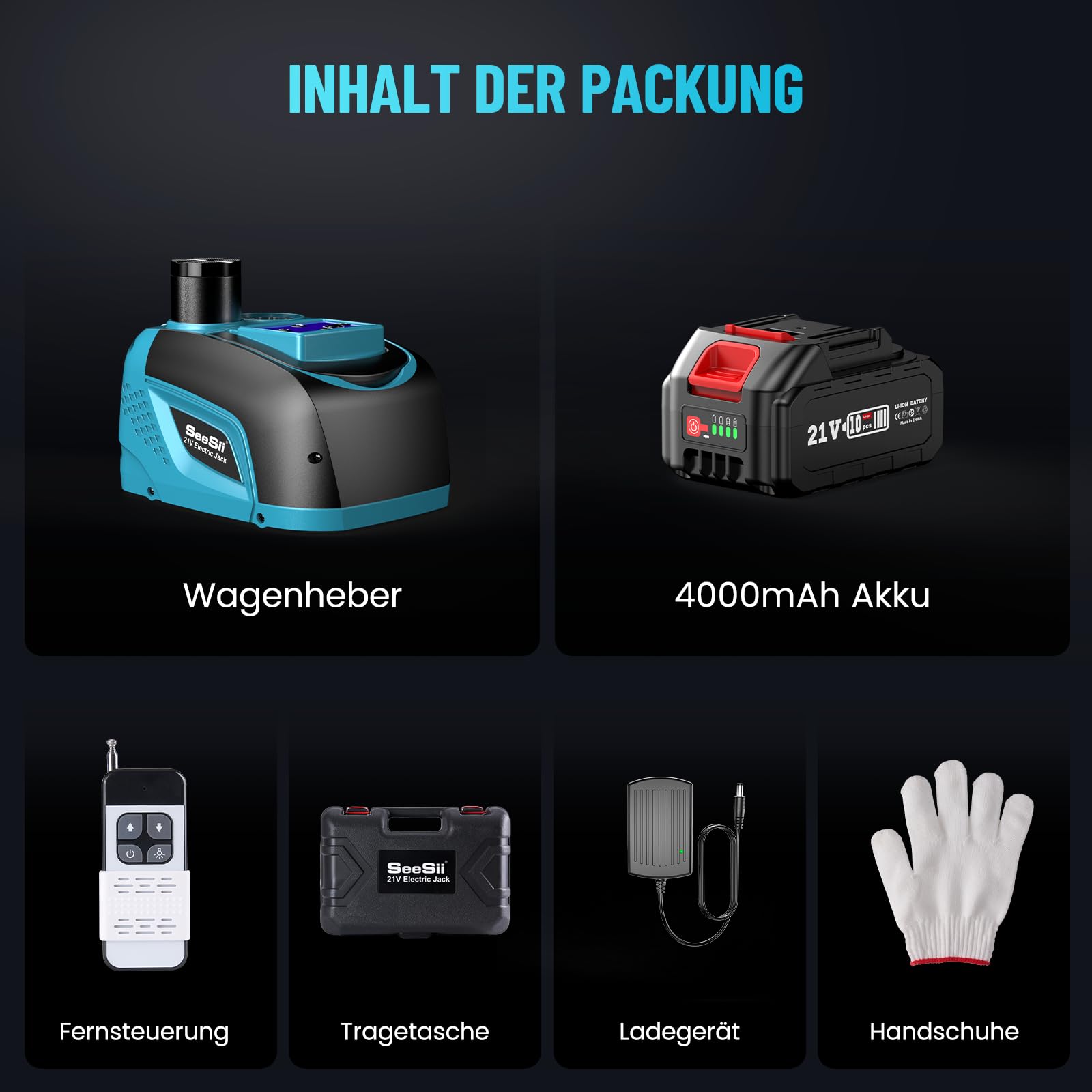 Seesii Elektrischer Wagenheber 5T 3T mit Akku, 21V Akku-Hydraulik Wagenheber Set mit 4,0Ah Batterie & Ladegerät, Kabelloses Reifenwechsel-Set für Auto, SUV, MPV & Pickup (Hubhöhe 15,5–45 cm)
