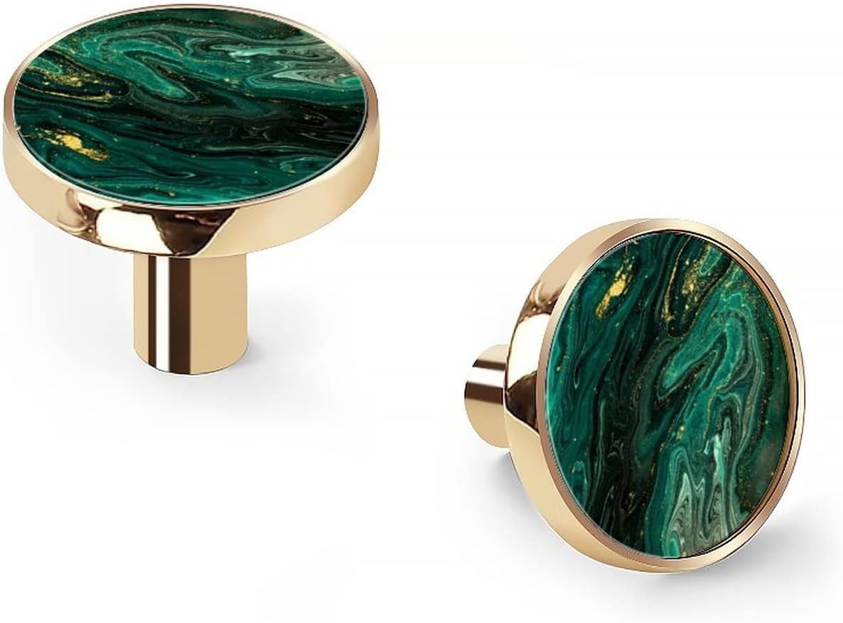 AAMPEAR 6 Pack Brass Gold Knobs,Green Agate Marble Dresser Knobs Flat Zinc Knobs