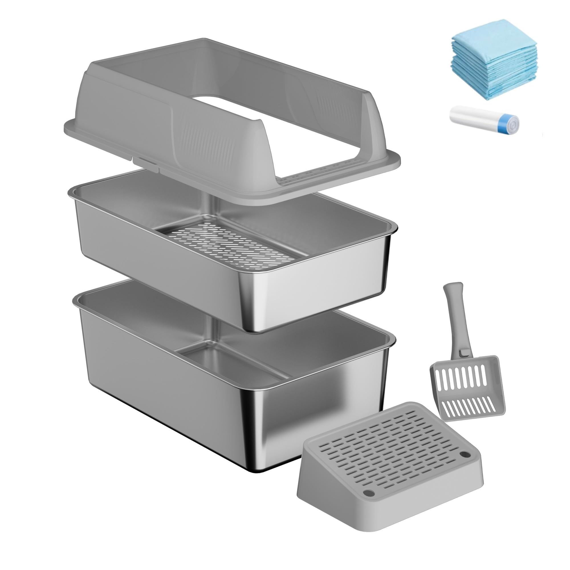 Gimars Stainless Steel Sifting Litter Box with lid-Light Gray
