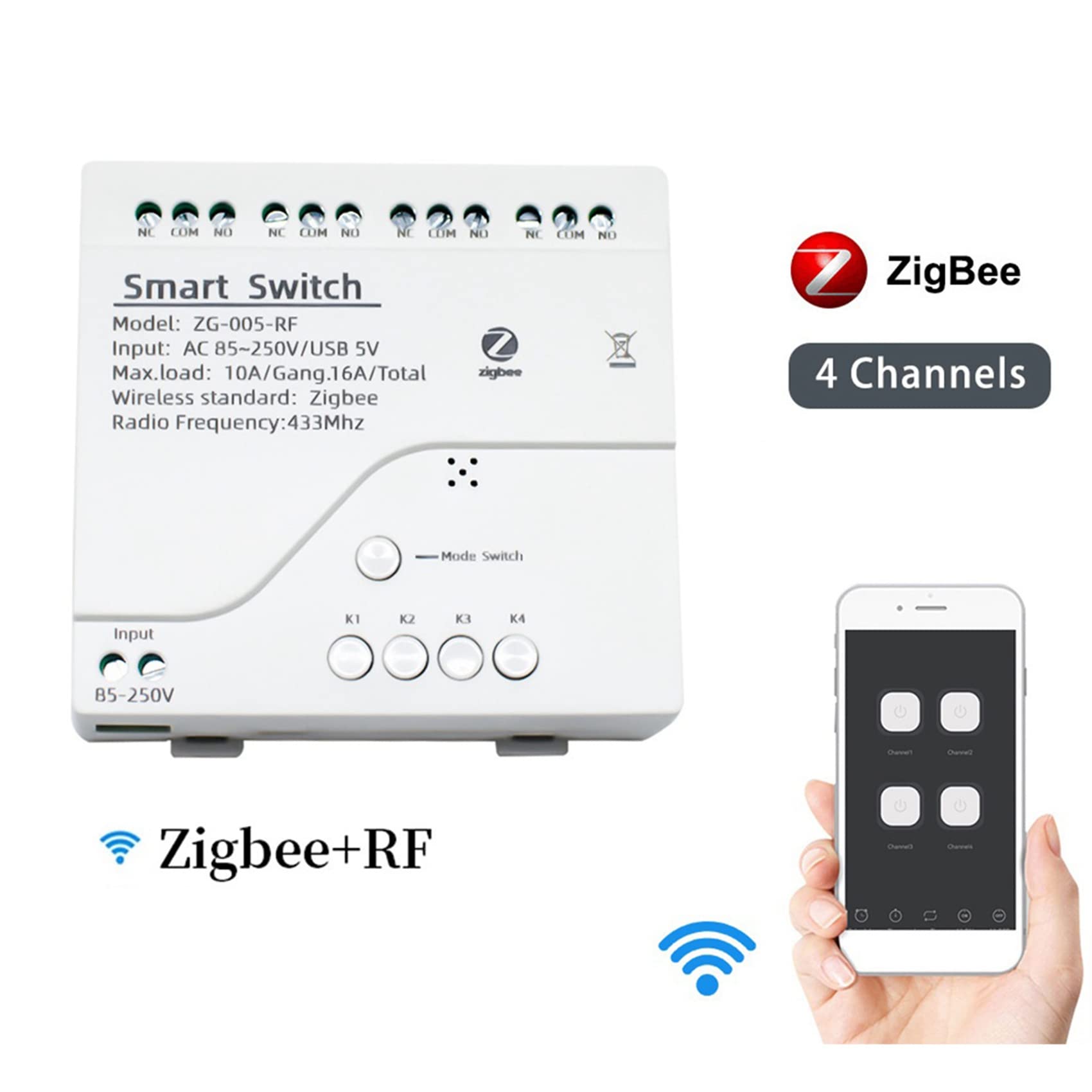 4X 4CH Zigbee Smart Light Switch AC 85-250V RF433 Empfangen 10A Relais Arbeiten mit Assistant, Tuya Smart Life